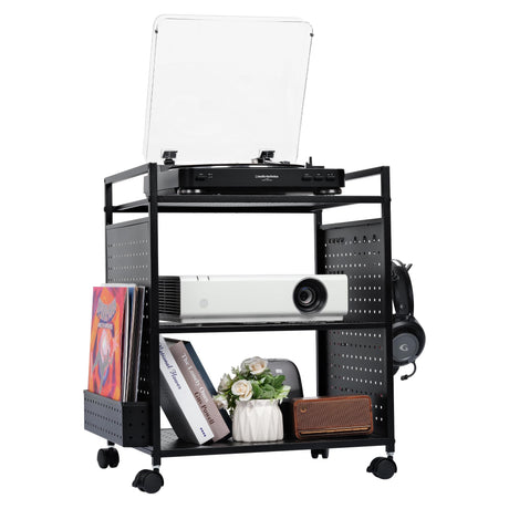 PLKOW Record Player Stand Audio-Video Organizer Rack, Rolling Media Stand for Vinyl Display, AV Components, Game Discs, Controllers & Headphones (Black) PLKOW