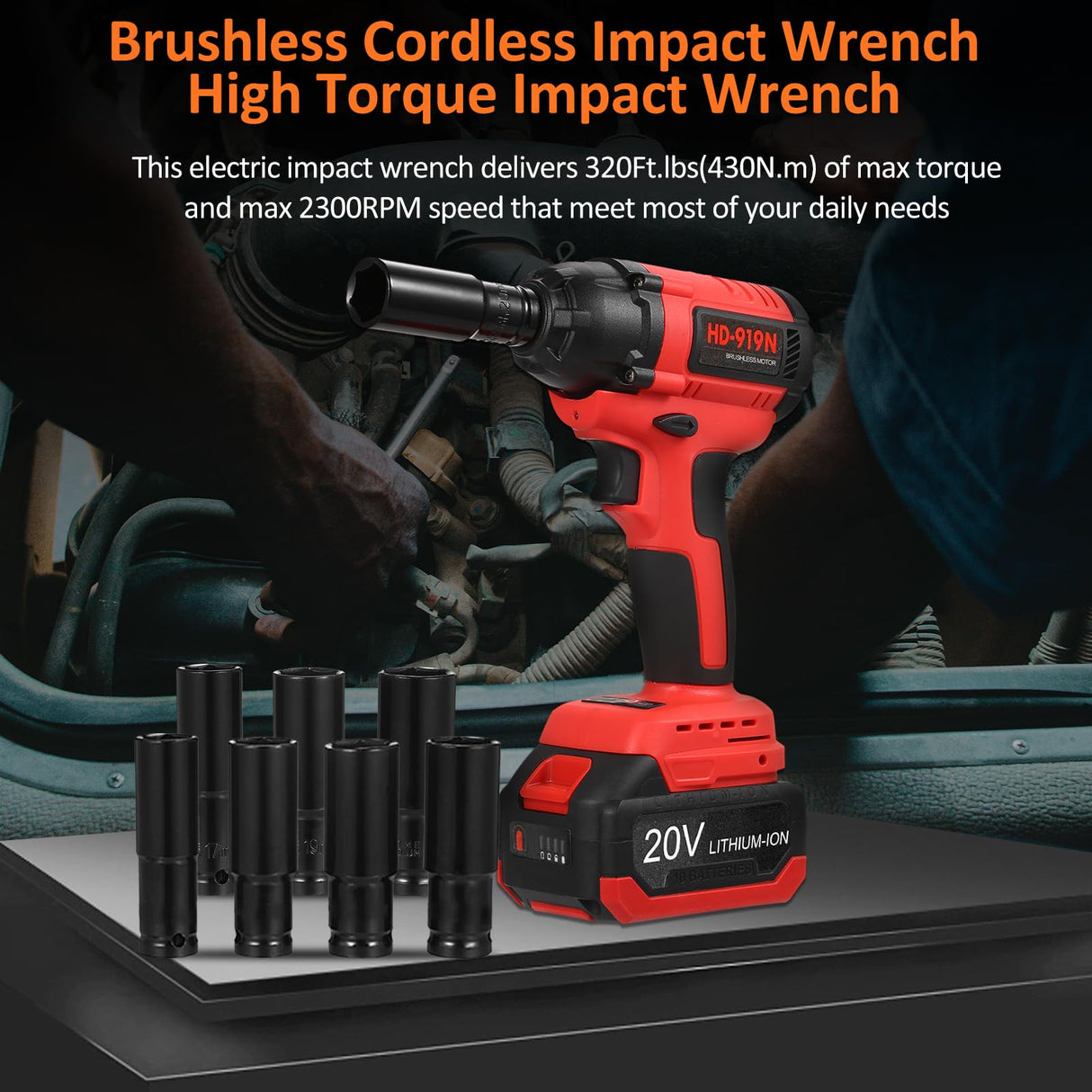 Lepmerk Brushless Cordless Impact Wrench Set, 1/2 inch, 320 ft-lbs / 430N.m Max Torque, Includes 3.0A Li-ion Battery and 8 Impact Sockets for Car Tires Lepmerk