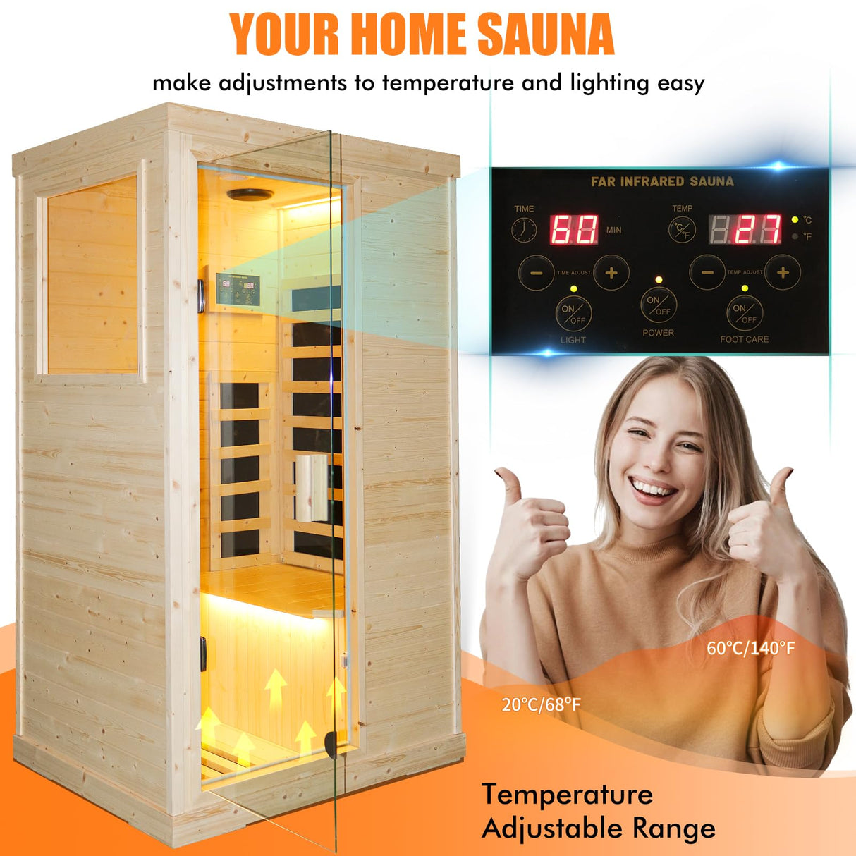OUTEXER Far Infrared Wooden Sauna Room Home Sauna Spa Low-EMF Dry Saunas Single Person Spa Finland Spruce Wood fit for 7ft Person OUTEXER