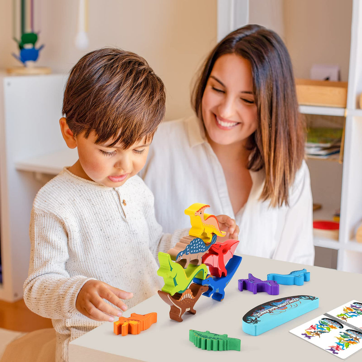 IPOURUP Dinosaur Toys for Kids 3-5: Wooden Stacking Montessori Toys for 3 4 5 6 7 8 Year Old Boys Girls Balance Competition Game for Family Easter Birthday Gifts for Kids Ages 4-8 (Classic Version) IPOURUP