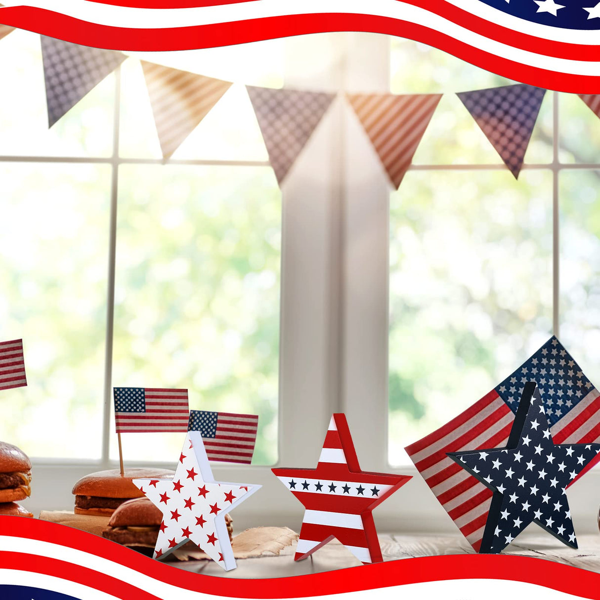 Chunful 3 Pcs Memorial Day Wooden Table Signs Independence Day Table Decor Patriotic Freestanding Double Side Sign Farmhouse Wood Block for 4th of July Home Party Supplies Chunful