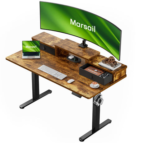 Marsail Electric Standing Desk with Drawers, 55″ x 28″ Height Adjustable Sit Stand Up Desk with Storage Shelf, Ergonomic Home Office & Computer Table with 4 Memory Heights, Rustic Brown Marsail