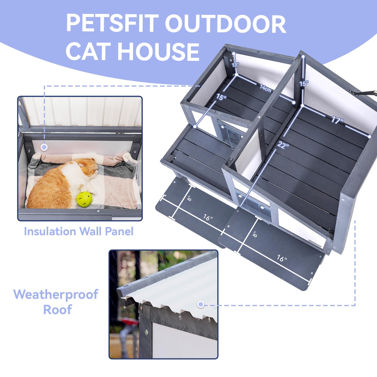 Outdoor Cat House for Multiple Cats, Insulated Feral Cat Shelter for Large Cat Enclosure Wooden Cat Condos with PVC Door Curtains - WoodArtSupply