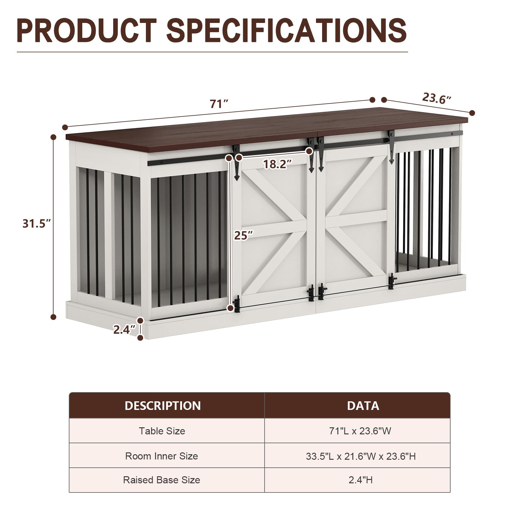 Dog Crate Furniture - Indoor Wooden Dog Kennel with Room Divider and Double Sliding Barn Doors - 71"x23.6"x31.5"H, White - WoodArtSupply