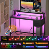 GreenForest Computer Desk with Drawers 39 inch,Gaming Desk with LED Lights & Power Outlets Small Desk with Monitor Stand and Reversible Shelf,Black GreenForest