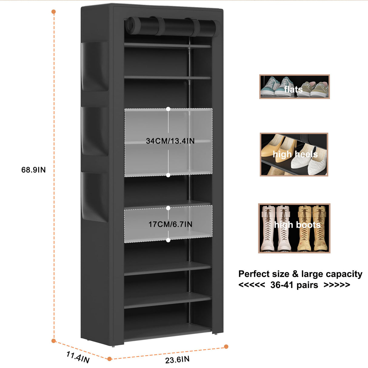 OYREL Large Shoe Rack, Black, 6 Side Pockets, 23.6" Wide x 11.4" Deep x 68.9" Tall, 36-41 Pairs of Shoes OYREL