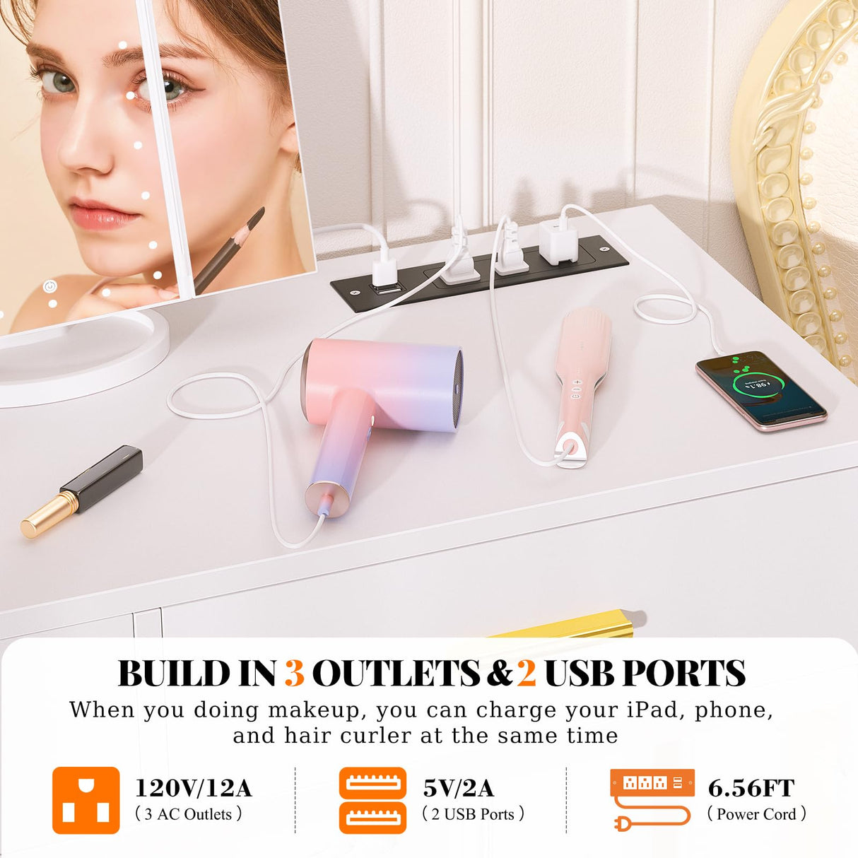 Girapow Vanity Desk with Power Outlets and Lights, 36'' Makeup Vanity with Tri Fold Lighted Mirror, White Vanity Set with Drawers, Vanity Table with Cushion Stool, Small Makeup Table for Bedroom,White Girapow