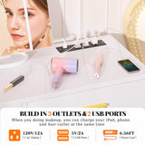 Girapow Vanity Desk with Power Outlets and Lights, 36'' Makeup Vanity with Tri Fold Lighted Mirror, White Vanity Set with Drawers, Vanity Table with Cushion Stool, Small Makeup Table for Bedroom,White Girapow