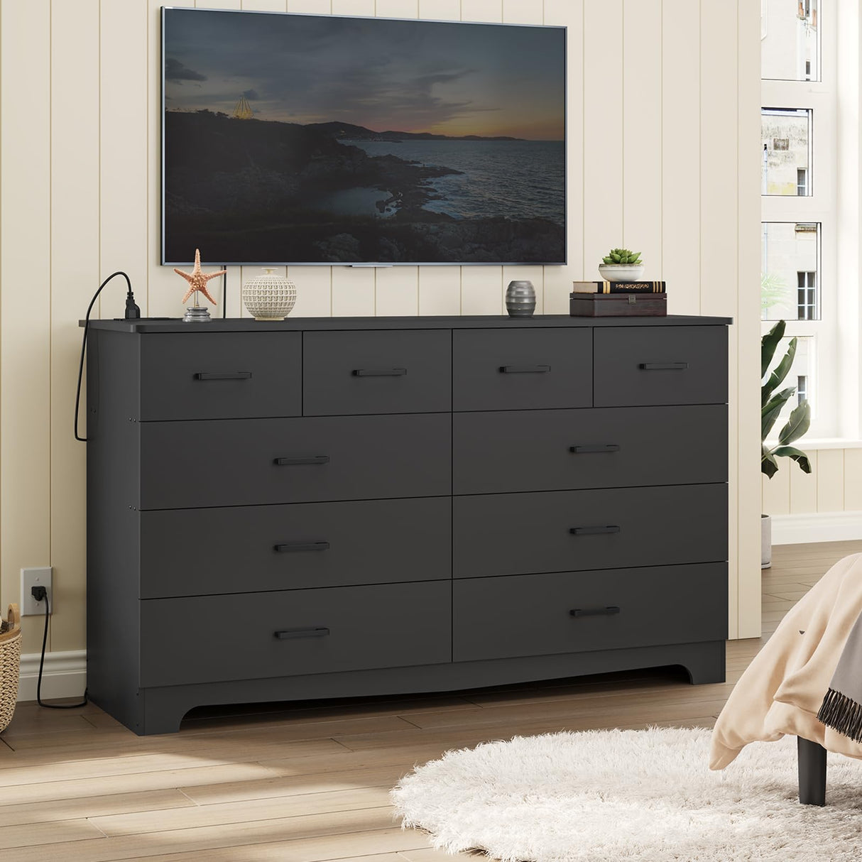 DICTAC Black Dresser for Bedroom with 10 Drawers, Large Chest of Drawers Storage Organizer, Long Dresser TV Stand with Power Outlets, Wide Dressers for Bedroom, Living Room 55.1" W x 32.3" H x 15.8" D DICTAC