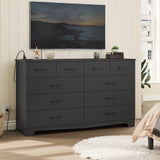 DICTAC Black Dresser for Bedroom with 10 Drawers, Large Chest of Drawers Storage Organizer, Long Dresser TV Stand with Power Outlets, Wide Dressers for Bedroom, Living Room 55.1" W x 32.3" H x 15.8" D DICTAC