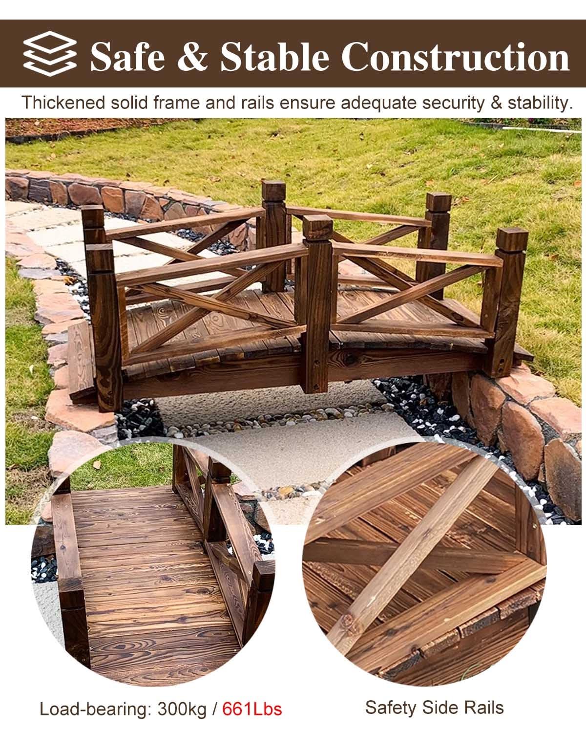 ZIMGOD Wood Garden Bridge Decor, Small Pond Bridge 1.4m/4.6ft, Arc Pond Walkway for Outside Backyard Patio, Rustic Garden Footbridge Landscaping - WoodArtSupply