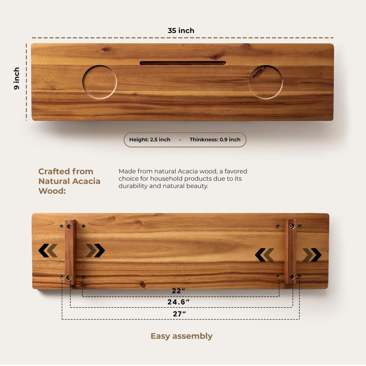 Tinamo Acacia Bathtub Caddy Tray Table | 35x9 Inch Large Bath Tub Tray Wooden | Anti-Tipping, Sustainable Tub Tray for Bathtub | Bathtub Accessories TINAMO