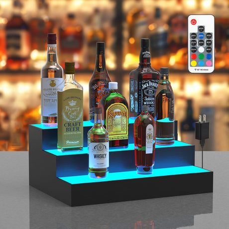 upcessory LED Lighted Liquor Bottle Display Shelf, 3 Tier 16 Inch Alcohol Whiskey Wood Rack Stand Tray for Home Bar Living Room Accessories and Decor, Bourbon Shelf for 12 Bottles upcessory