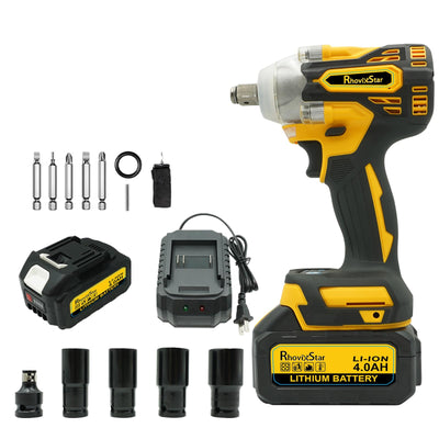RhovixStar 20V MAX Cordless Impact Wrench Kit,1/2" Brushless Motor High Torque Impact Gun,4000mAh Battery and Charger Included,Variable Speed