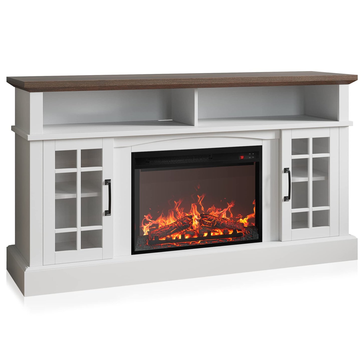 BELLEZE Traditional 58" Rustic TV Stand with 23" Electric Fireplace Heater with Sound, Media Entertainment Center Console Table for TV up to 65" with Open Storage Shelves and Cabinets - White