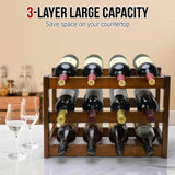 Thalomely Bamboo Wine Rack, 3-Tier 12 Bottles Wine Storage Cabinet Shelf, Easy-Assembly Freestanding Bamboo Wine Racks Countertop for Kitchen Pantry Dining Room Bar, Walnut Thalomely