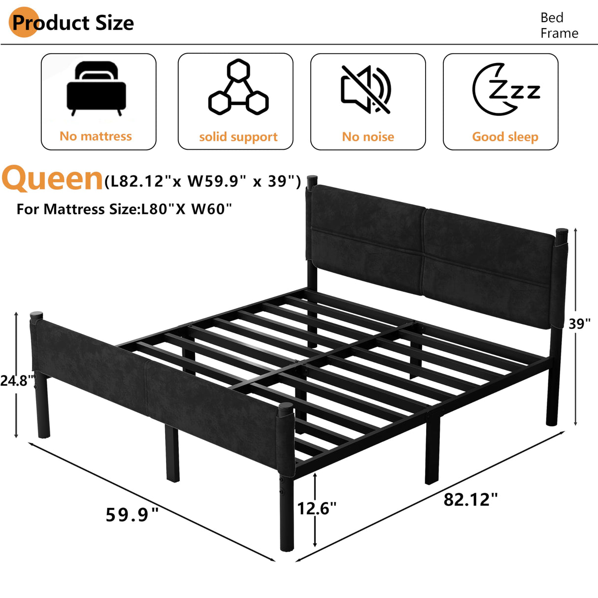 Henshwon Metal Bed Frame,14Inch Queen Size Bed Frame with Storage Space,Heavy Duty Sturdy Mattress Foundation,Easy Assembly,No Box Spring Needed,Queen Henshwon