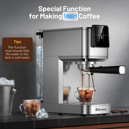 RELEXNOW Espresso Machine, 20 Bar Espresso Maker Milk Frother & LCD Panel, Hot & Iced Coffee Machine, Stainless Steel Espresso Coffee Machine with 41oz Water Tank for Cappuccino, Latte