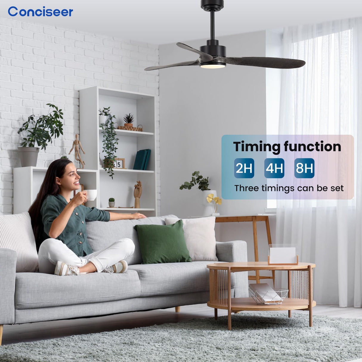 Wood Ceiling Fans with Lights, 52 Inch Ceiling Fans with Light and Remote for Bedroom Living Room Kitchen Office, Indoor/Outdoor Use, 3CCT Dimmable, 3 Blades 6 Speed Reversible Quiet DC Motor, Black Conciseer