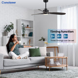 Wood Ceiling Fans with Lights, 52 Inch Ceiling Fans with Light and Remote for Bedroom Living Room Kitchen Office, Indoor/Outdoor Use, 3CCT Dimmable, 3 Blades 6 Speed Reversible Quiet DC Motor, Black Conciseer