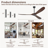 72" Ceiling Fans Without Lights, 72 Inch Outdoor Ceiling Fans no Lights, 3 Blade Solid Wood Damp Rated Ceiling Fan with Remote Control for Living Room Gazebo Farmhouse/Patios Porch - Dark Walnut Zronon