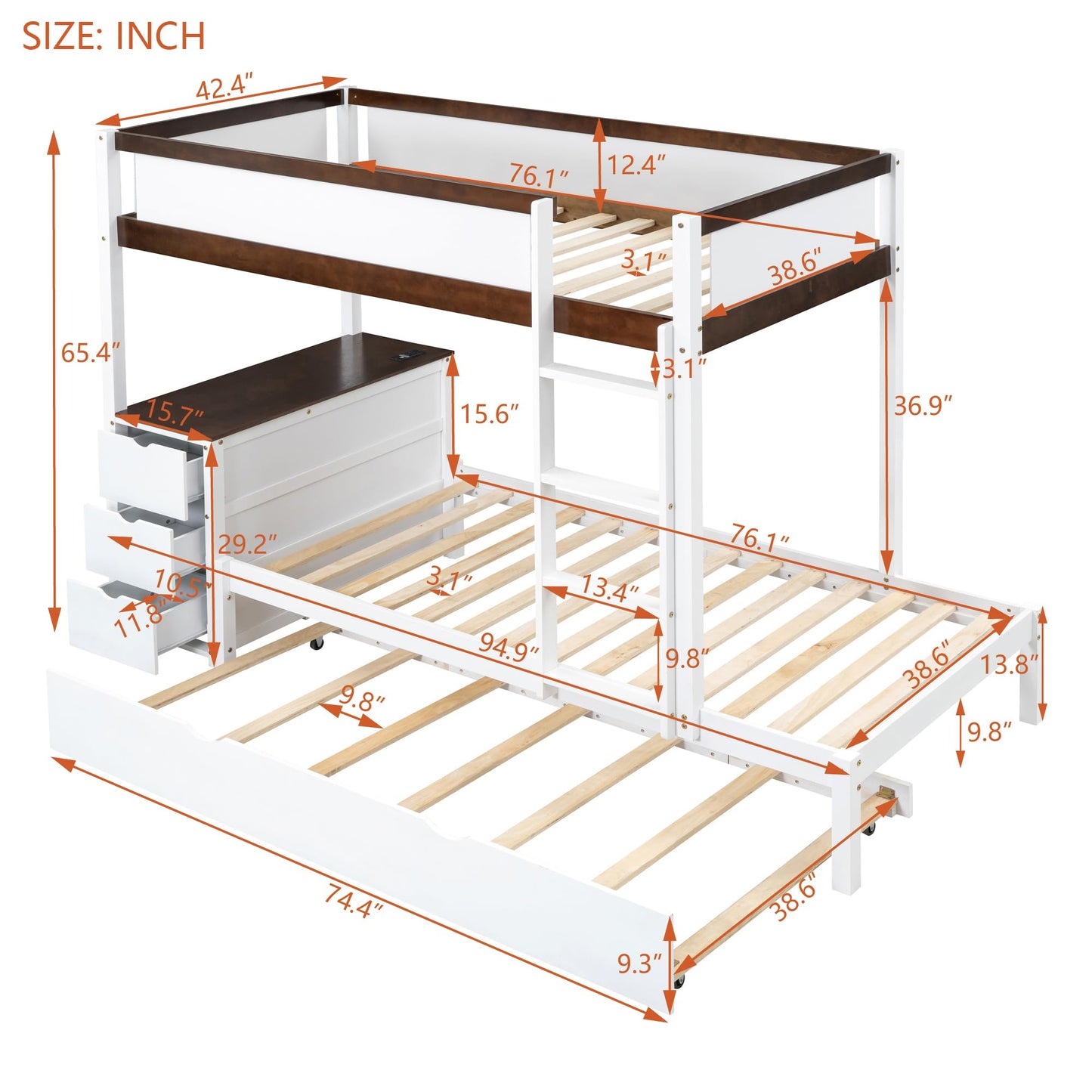 Harper & Bright Designs Twin Over Twin Bunk Bed Twin Size Trundle, Wood Twin Bunk Bed with USB Ports, Storage and Desk, White+Walnut