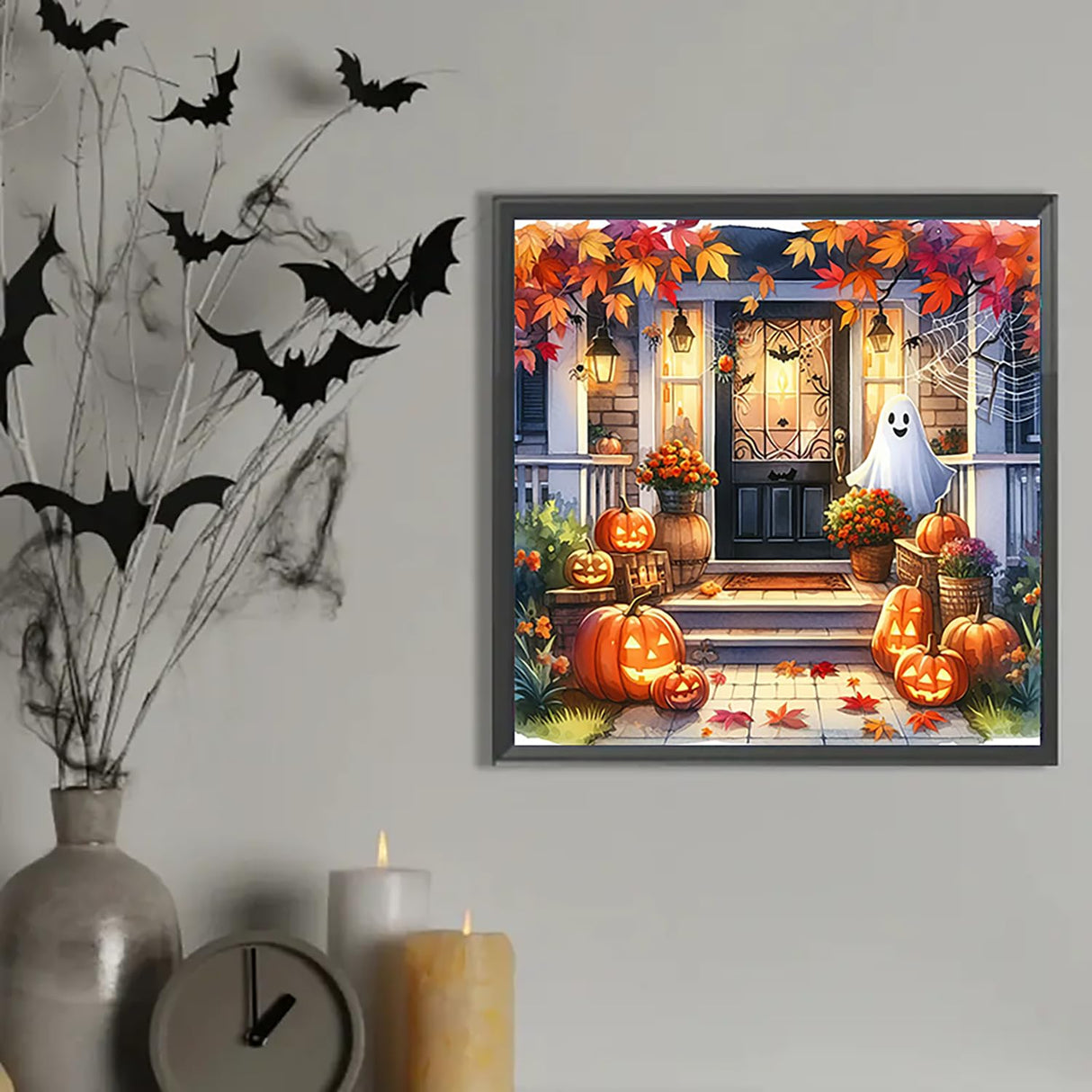 Autumn Pumpkin Ghost Leaf Diamond Art Kits for Adults, 5D Diamond Painting Kits for Adults Beginners, DIY Full Round Drill Diamond Dot Painting Gem Art Kits for Adult, Home Wall Decor 13.8x13.8 Inch VCLKDIY