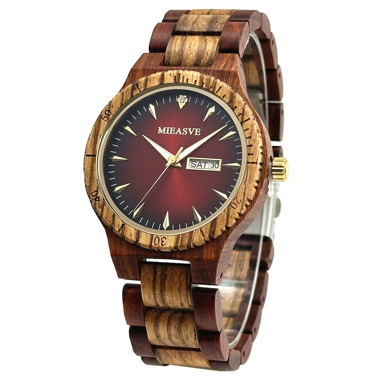 MIEASVE Handmade Wood Watches for Men Red Dial Lightweight Analog Quartz Wooden Watch Adjusted Band MIEASVE
