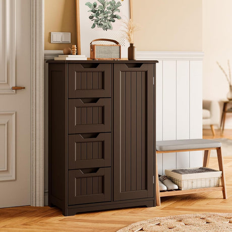 Gizoon Pantry Cabinet Storage Cupboard, Freestanding Wooden Dresser with 4 Drawers for Bathroom and Dining Room, 33" Dark Brown, Small Kitchen Pantry Storage Cabinet with Door and Shelves Gizoon