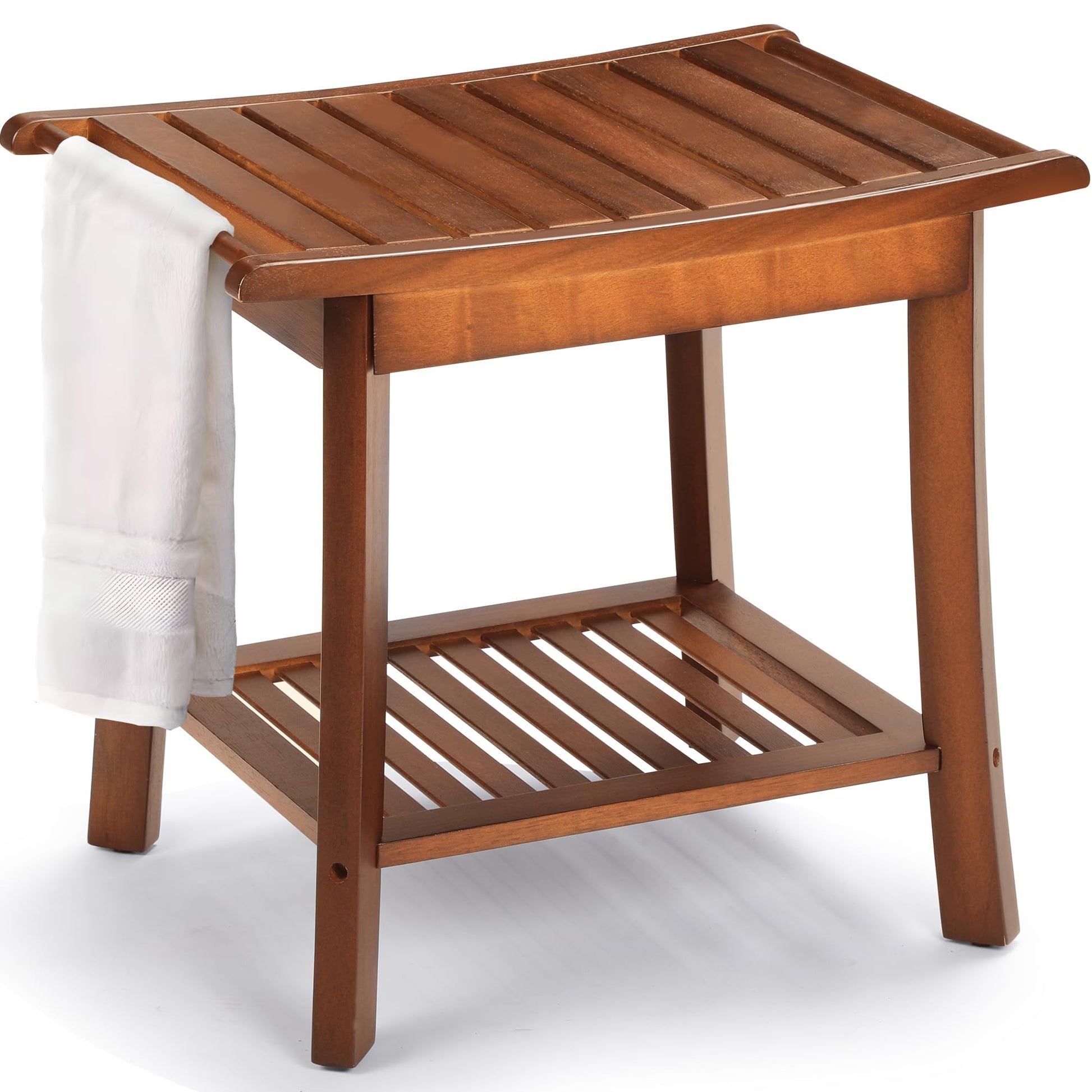 Rengue Teak Shower Bench for Inside 2-Tier Wood Shower Chair with Storage and Towel Rack Waterproof Shower Stool Bathroom Shower Seats 23.7 x 12.9 x 18.4 Inch - WoodArtSupply