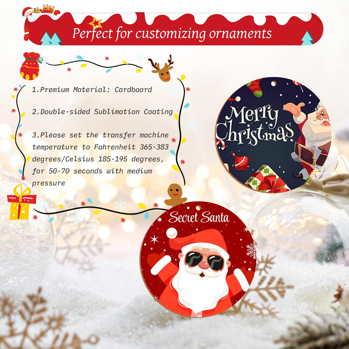 Sublimation Ornament Blanks 16PCS Personalized Christmas Ornaments Set Double-Sided Sublimation Ornaments with Red String, White Round DIY Handmade Crafts for Xmas Tree, Christmas Decorations Indoor Clonivent