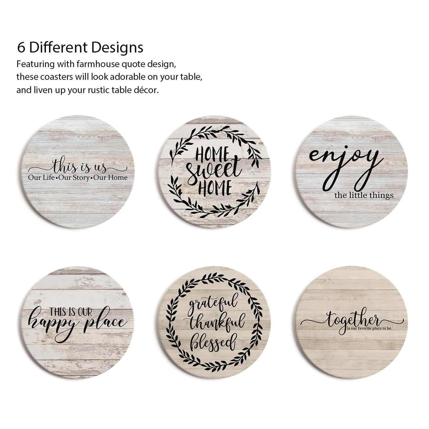 Hoomey Coasters for Drinks, Set of 6 Absorbent Drink Coasters with Holder, Farmhouse Style Ceramic Drink Coasters with Cork Backing for Table Protection, Housewarming Gifts for New Home - WoodArtSupply