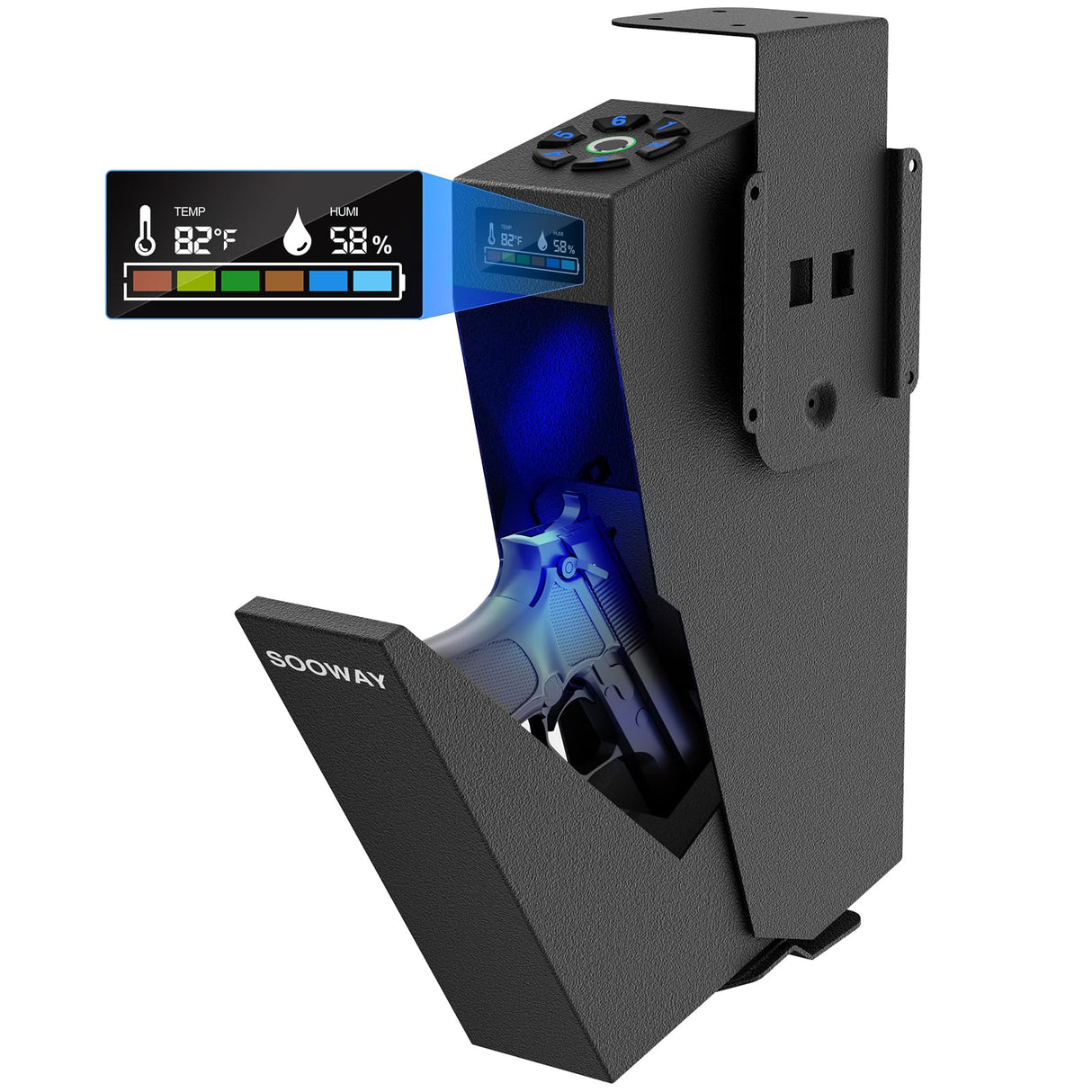 Gun Safe, Mounted Biometric Pistol Safe Drop Down Gun Lock Box for Handgun with 3 Ways Quick Access Bedside Pistol Case for Nightstand, Desk, Wall, Dresser SOOWAY