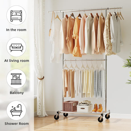 Simple Trending Standard Clothing Garment Rack, Rolling Clothes Organizer with Wheels and Bottom Shelves, Extendable, Chrome Simple Trending