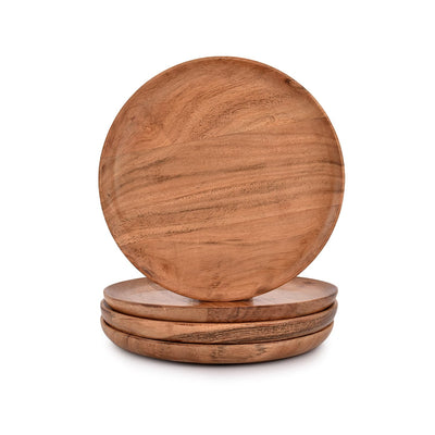NIRMAN Acacia Wood Dinner Plates Set of 4 for Dishes Snack, Dessert Natural Wood Plates Serving Dinnerware Plate for Dinner (8" x 8" x 0.75")