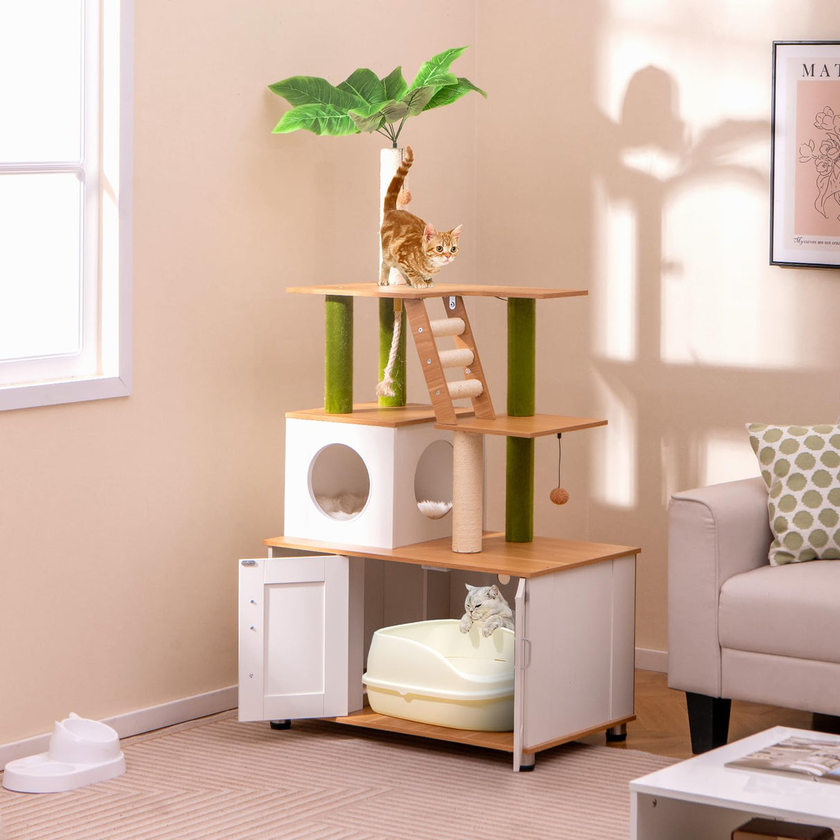 PETSITE Cat Tree with Litter Box Enclosure, Multi-Level Modern Cat Tree Tower with Sisal Scratching Posts, Cat Condo, Ladder, Dangling Balls, Interactive Sisal Rope, and Hidden Litter Box PETSITE