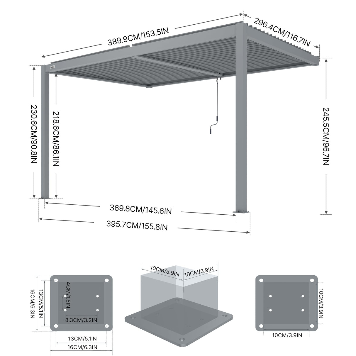 PATISOL Louvered Pergola Against The Wall Outdoor Patio 13'x10' Full Aluminum Pergola Wall Mounted Attached Adjustable Roof Hardtop Rainproof Gazebo for Deck Garden Yard Beach (Grey) Patisol