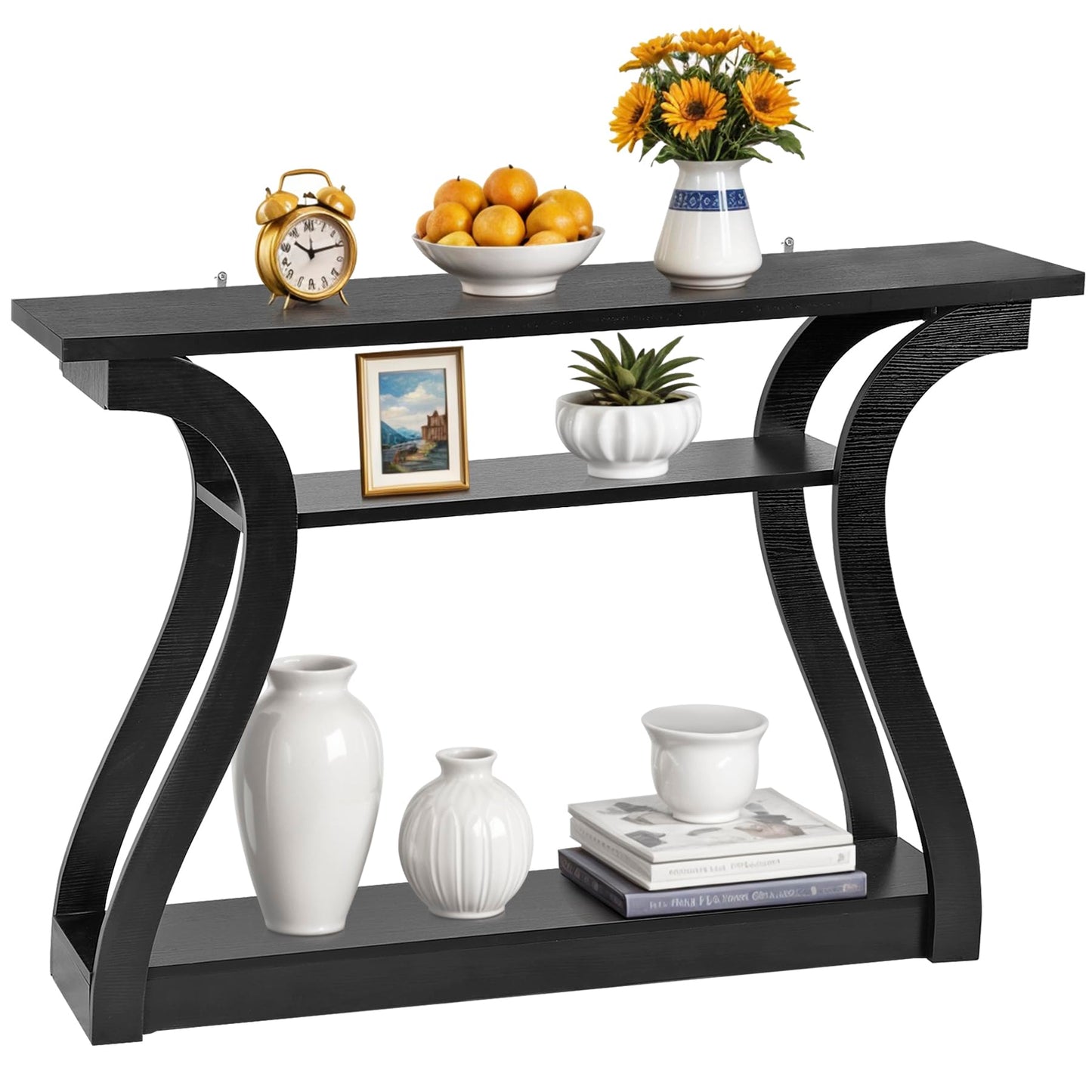 ZenStyle Wood Console Table with Curved Legs and Shelf, 3 Tier Modern Accent Sofa Table for Entrywaty, Living Room, Hallway, 47 in Wide, Easy Assembly (Black)