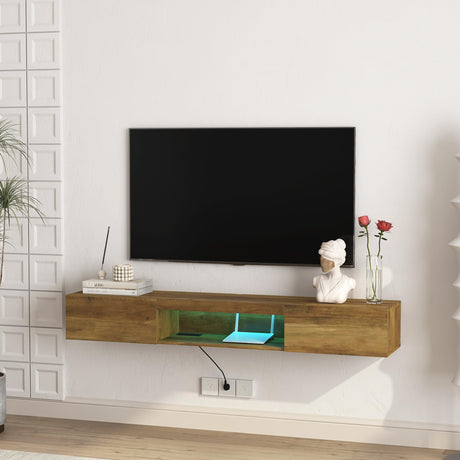 QIANYEWANG Floating TV Stand Wall Mounted with Power Outlet,Modern Wood Wall Mounted Media Console Shelf,Floating Entertainment Center for Under TV Storage for Living Room Bedroom Office,Brown QIANYEWANG