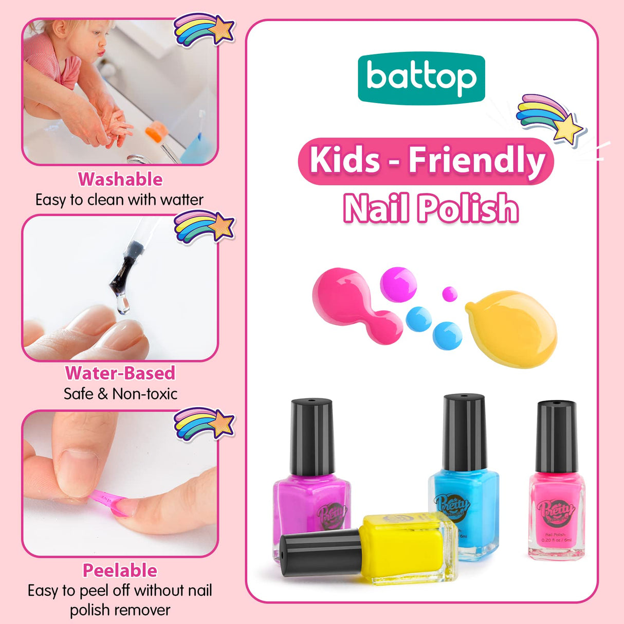 BATTOP Kids Nail Polish Set for Girls, Nail Art Kits with Nail Dryer & Glitter Pen, Quick Dry & Peel Off & Non-Toxic Nail Polish, Christmas Birthday Gifts for Girls Ages 6 7 8 9 10 11 12 BATTOP