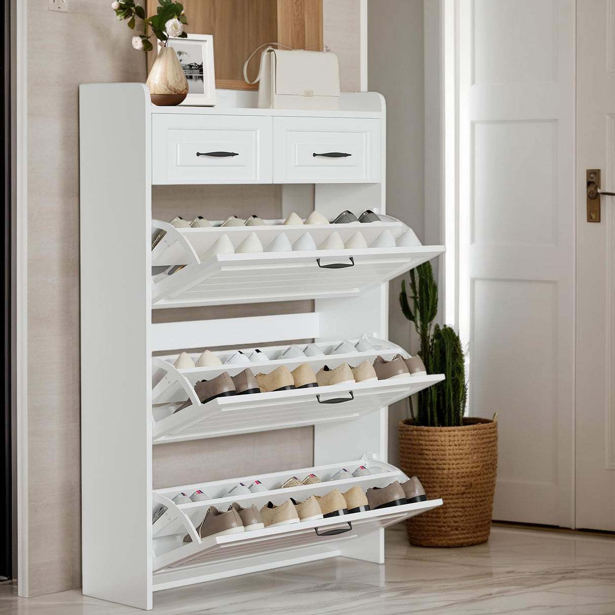 MOOLSUN Multi Functional Narrow flip Shoe Cabinet with 3 Doors 2 Drawers, Save Space, Suitable for Entryway and corridors (A - White) MOOLSUN