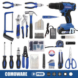 COMOWARE 120 Pcs Home Tool Kit with Drill, 20V Power Tool Combo Kits with 2.0 Ah Li-ion Battery & Charger, 25+1 Clutch, Tool Sets for Men, Household Tool Set for Garden Office Home Repair, Blue Case COMOWARE