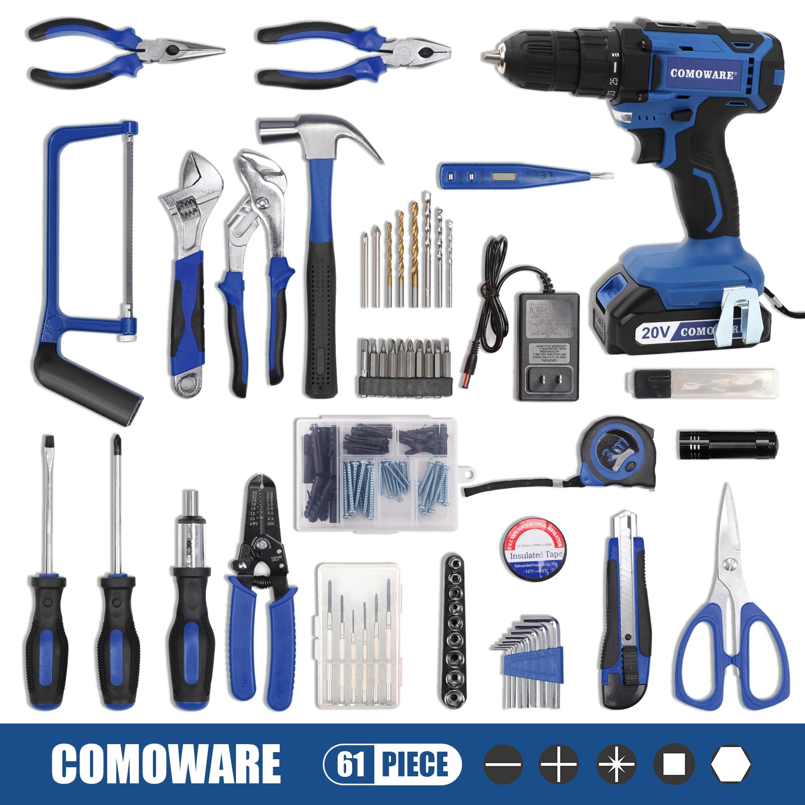 COMOWARE 120 Pcs Home Tool Kit with Drill, 20V Power Tool Combo Kits with 2.0 Ah Li-ion Battery & Charger, 25+1 Clutch, Tool Sets for Men, Household Tool Set for Garden Office Home Repair, Bl - WoodArtSupply