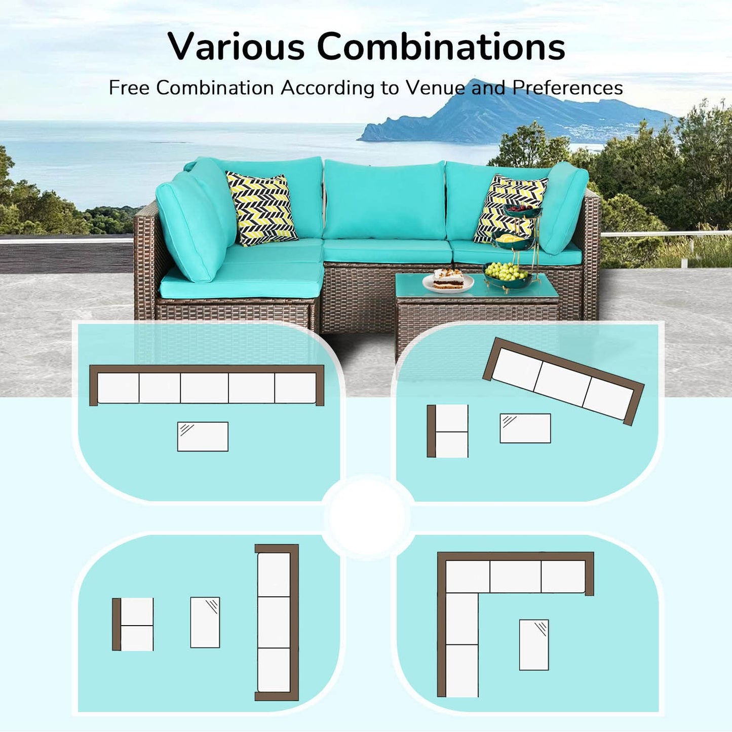 Outdoor Furniture Patio Sets 6 Pieces Wicker Conversation Set Sectional Sofa Garden Furniture All-Weather Tea Table&Washable Couch Cushions&Upgrade Brown Rattan,Blue Cushion