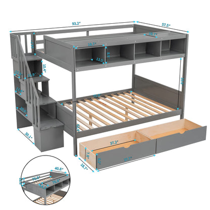 Harper & Bright Designs Grey Twin Over Full Bunk Bed with Stairs and Storage Solutions