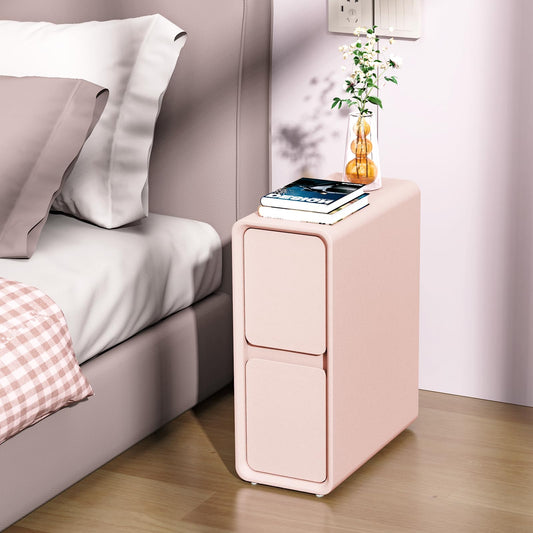 VICITON Modern Narrow Faux Leather Nightstand, Solid Wood Drawer, Storage Accent Table, Small Side End Table for Bedroom (Pink, Narrow)