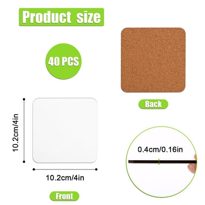 40pcs Sublimation Square Coasters, Cardboard Coasters, 4x4in MDF Hardboard Coaster MDF Wooden Coaster Sublimation Cork Coasters Bulk for DIY Crafts Painting Home Decoration