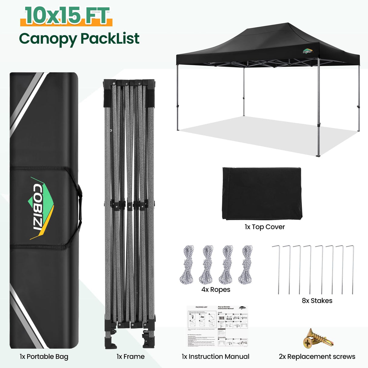 COBIZI 10x15 FT Pop up Canopy Tent,Heavy Duty Easy Up Commercial Outdoor Party Canopy Tents for Wedding Parties All Season Wind & Waterproof Gazebo with Carry Bag,Black(Frame Thickened) COBIZI