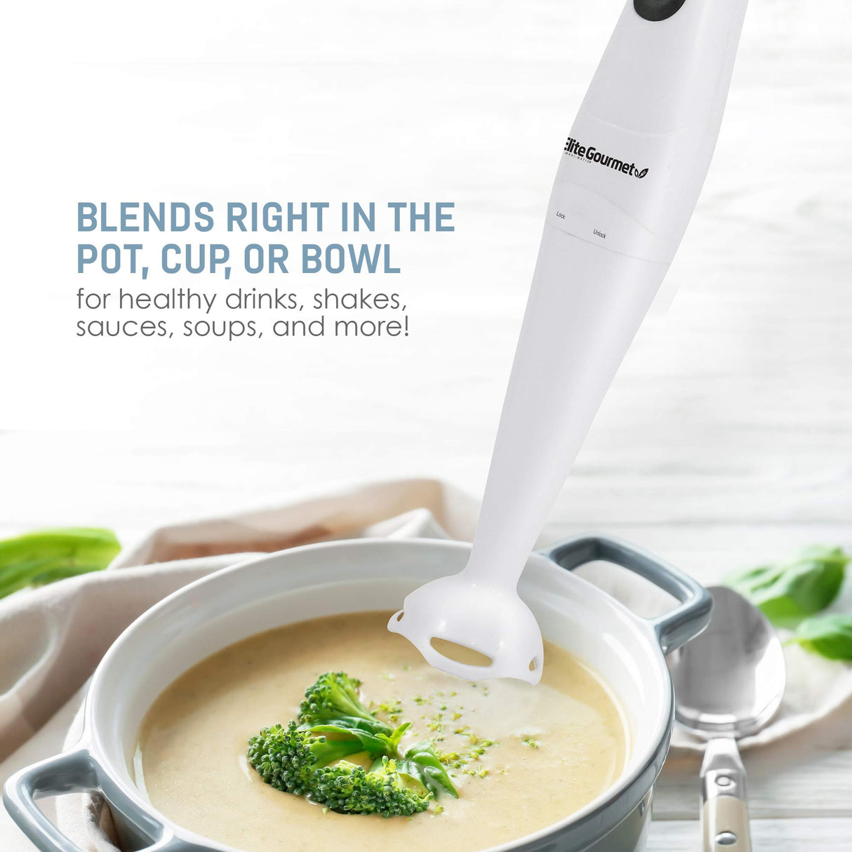 Elite Gourmet EHB-2425X Electric Immersion Hand Blender Stick, Mixer, Chopper, 1-Touch Control Multi Purpose, 150 Watts, For Soups, Sauces, Baby Food, White Elite Gourmet