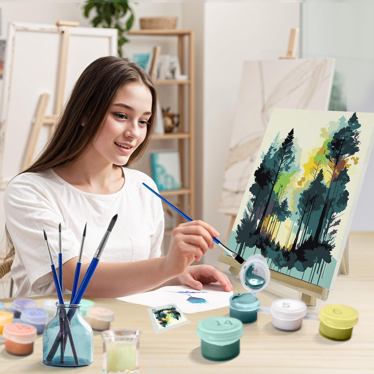 JOOZ Forest Paint by Numbers Kit for Adults with Frame, Adult Paint by Number Kits with Easel, DIY Abstract Forest Landscape Oil Painting Kit for Home Wall Decor 8x12 Inch JOOZ